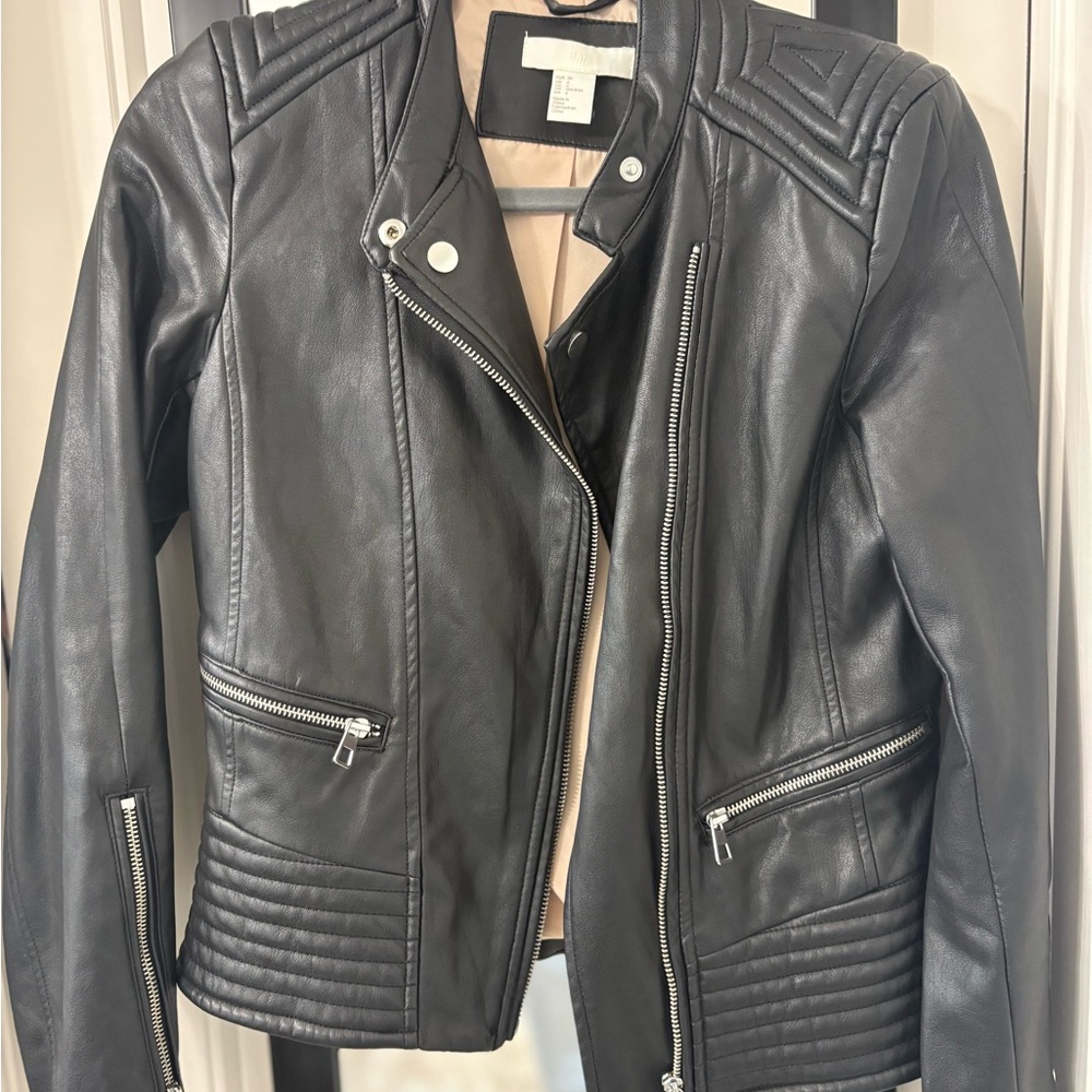H&M Dark Leather Jacket with Metallic Details